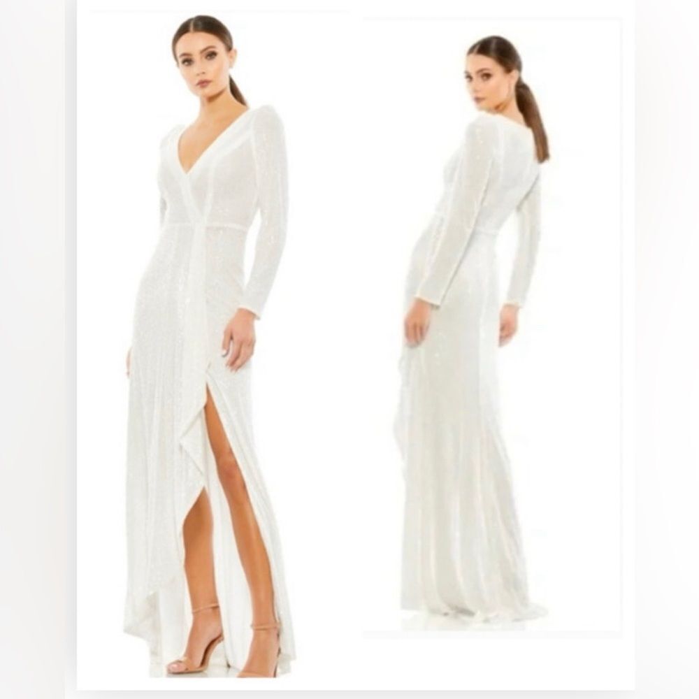 Mac Duggal NWT Size 10 Wrap Long Sleeve Sequin Evening Gown Wedding Dress white